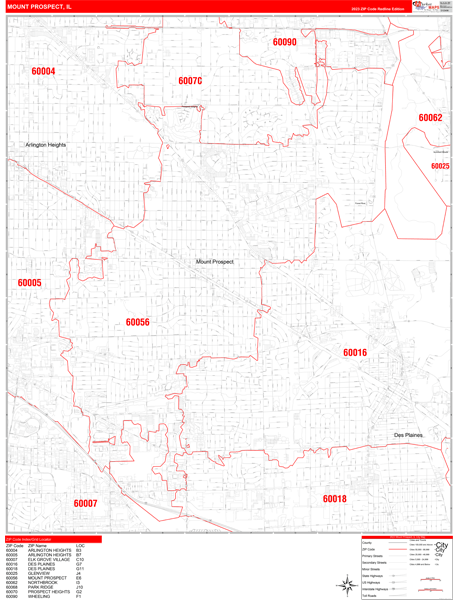 Mount Prospect City Wall Map Red Line Style